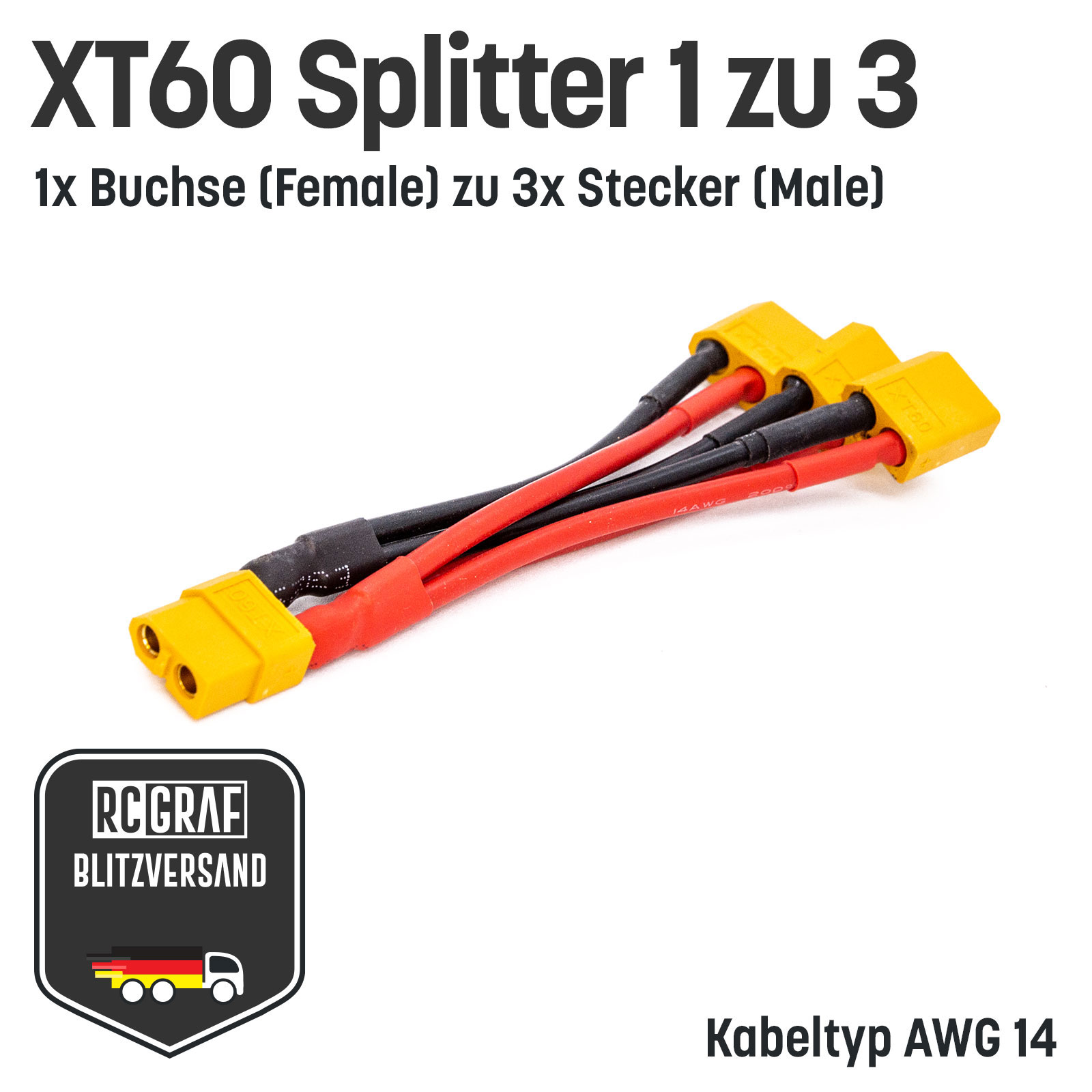 XT60 Adapter Splitter mit 14 AWG Kabel - 3-fach-Adapter 1x Buchse zu 3x Stecker