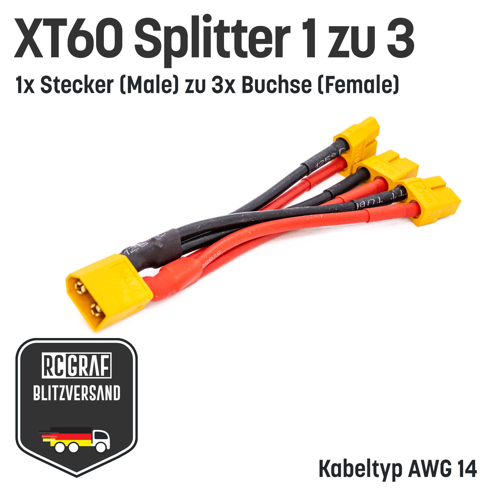 XT60 Adapter Splitter mit 14 AWG Kabel - 3-fach-Adapter 1x Stecker zu 3x Buchsen