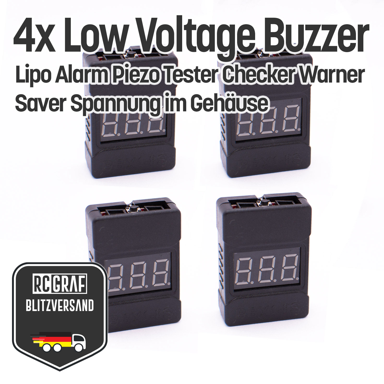 Batterietester Spannungstester Buzzer Alarm Piezo Tester LiPo LiFe NiMH NiCd Li-Ion - 4x Bundle im Gehaeuse
