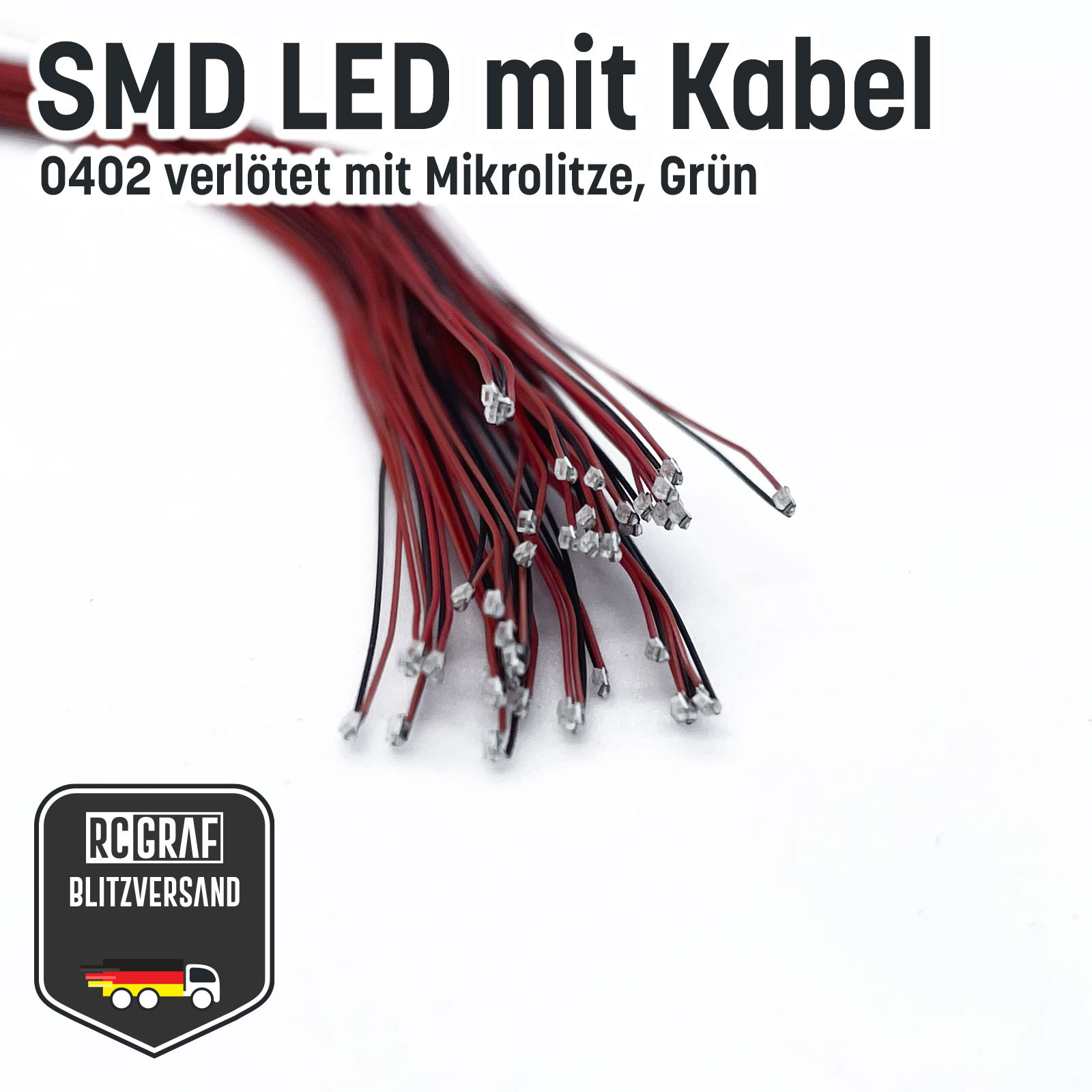 SMD LED 0402 0603 0805 1206 Microlitze 30cm verloetet - Gruen , 0402 (1,00 x 0,50 x 0,50 mm) , 10 Stueck