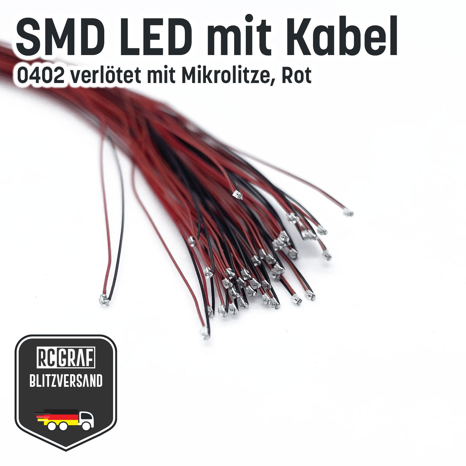 SMD LED 0402 0603 0805 1206 Microlitze 30cm verloetet - Rot , 0402 (1,00 x 0,50 x 0,50 mm) , 50 Stueck