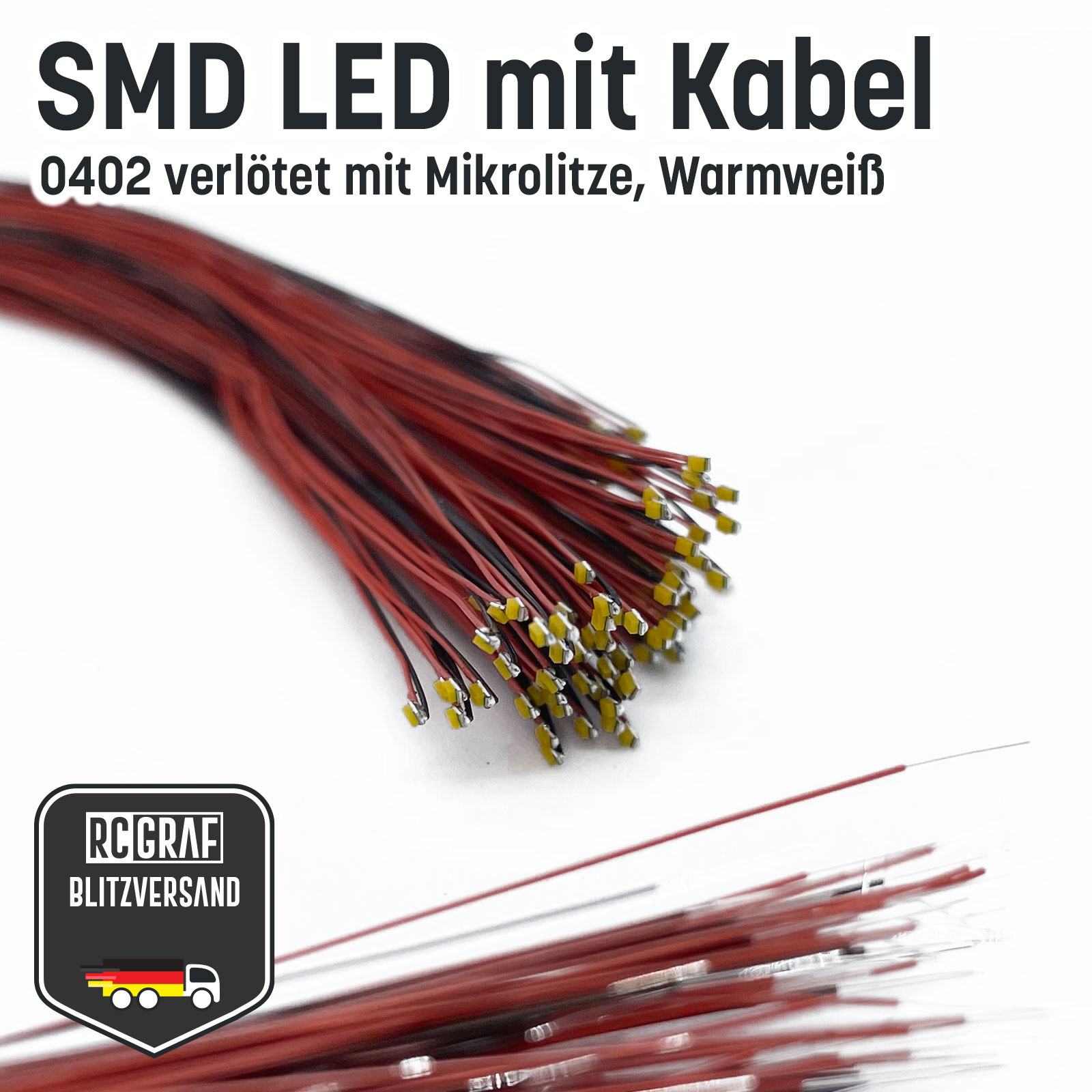 SMD LED 0402 0603 0805 1206 Microlitze 30cm verloetet - Warmweiss , 0402 (1,00 x 0,50 x 0,50 mm) , 10 Stueck