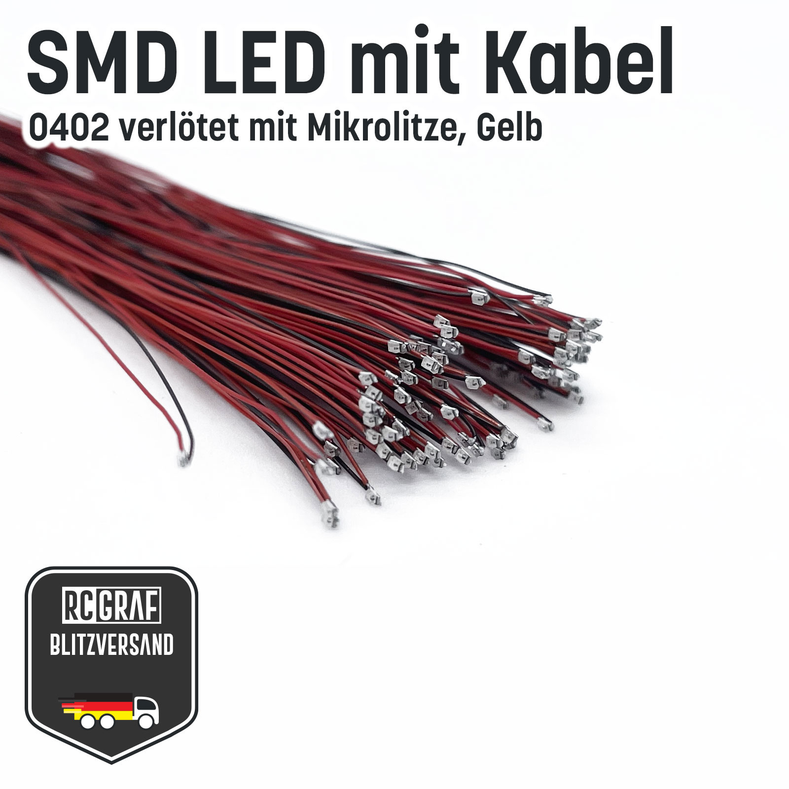SMD LED 0402 0603 0805 1206 Microlitze 30cm verloetet - Gelb , 0402 (1,00 x 0,50 x 0,50 mm) , 50 Stueck