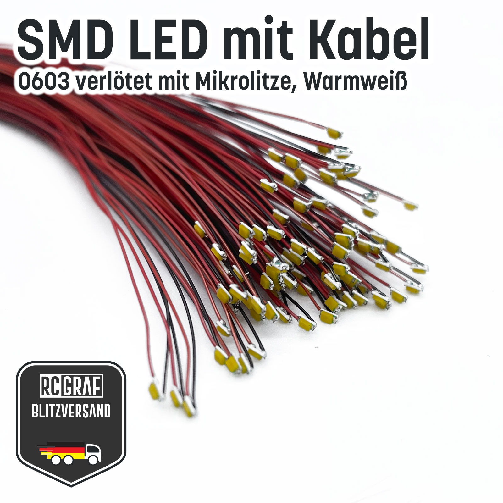 SMD LED 0402 0603 0805 1206 Microlitze 30cm verloetet - Warmweiss , 0603 (1,60 x 0,80 x 0,40 mm) , 30 Stueck