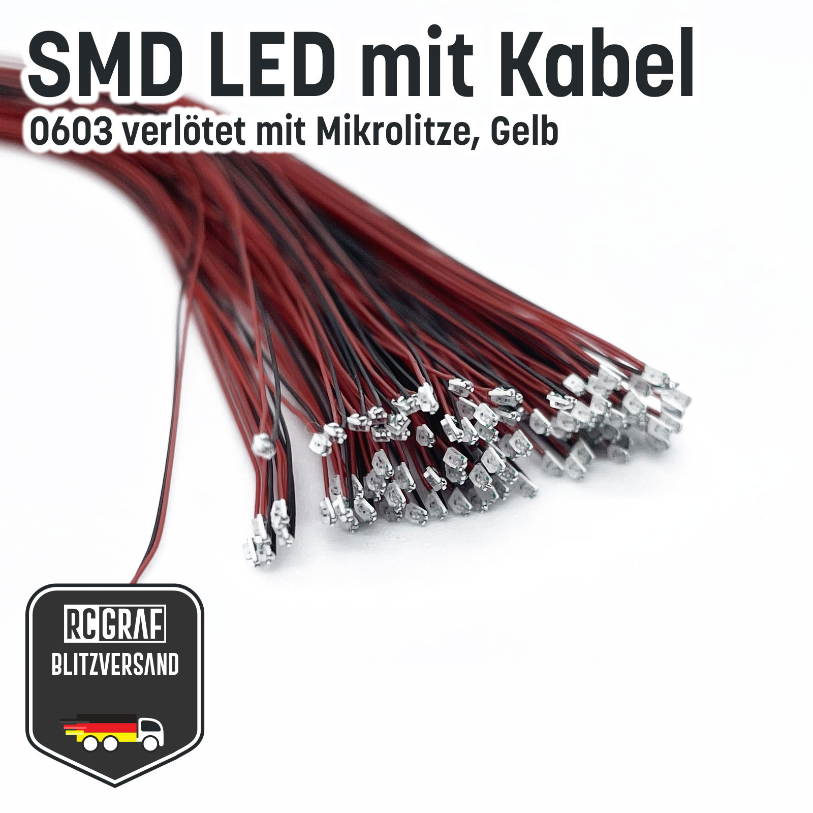 SMD LED 0402 0603 0805 1206 Microlitze 30cm verloetet - Gelb , 0603 (1,60 x 0,80 x 0,40 mm) , 30 Stueck