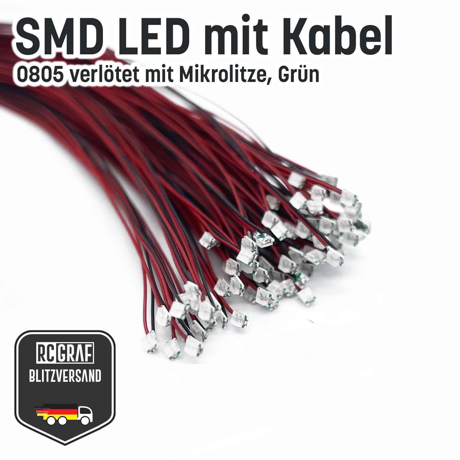 SMD LED 0402 0603 0805 1206 Microlitze 30cm verloetet - Gruen , 0805 (2,00 x 1,25 x 1,10 mm) , 30 Stueck