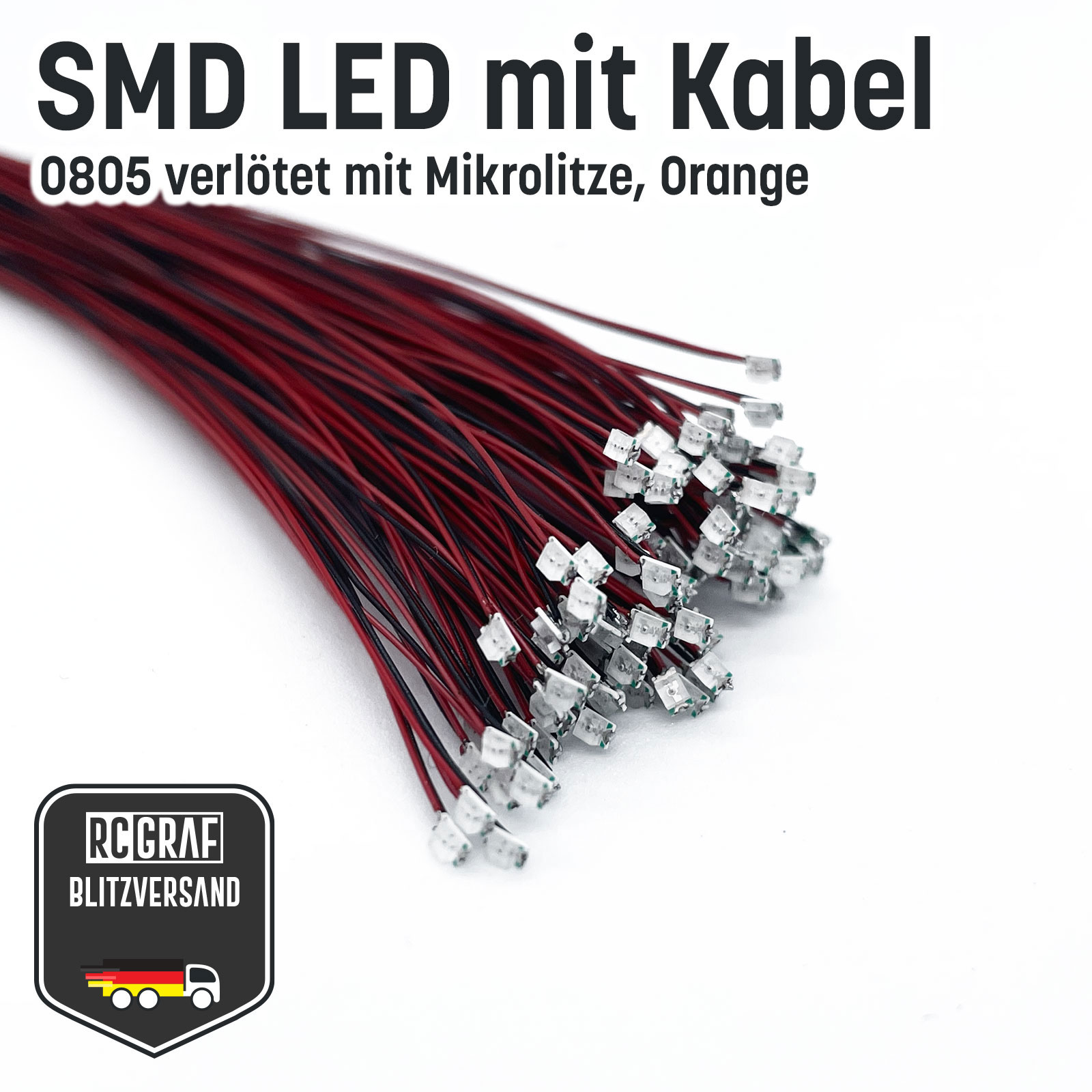 SMD LED 0402 0603 0805 1206 Microlitze 30cm verloetet - Orange , 0805 (2,00 x 1,25 x 1,10 mm) , 100 Stueck