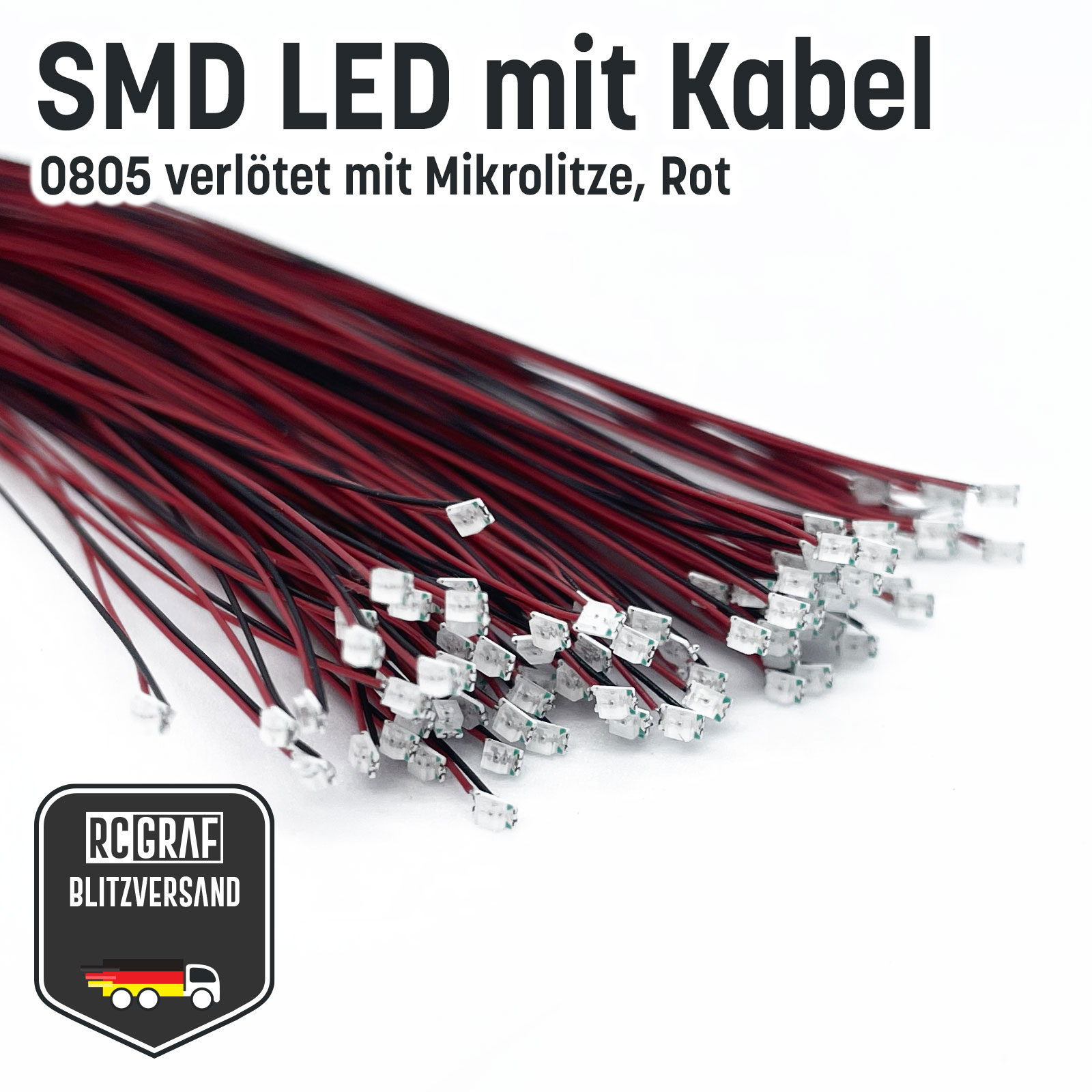 SMD LED 0402 0603 0805 1206 Microlitze 30cm verloetet - Rot , 0805 (2,00 x 1,25 x 1,10 mm) , 40 Stueck