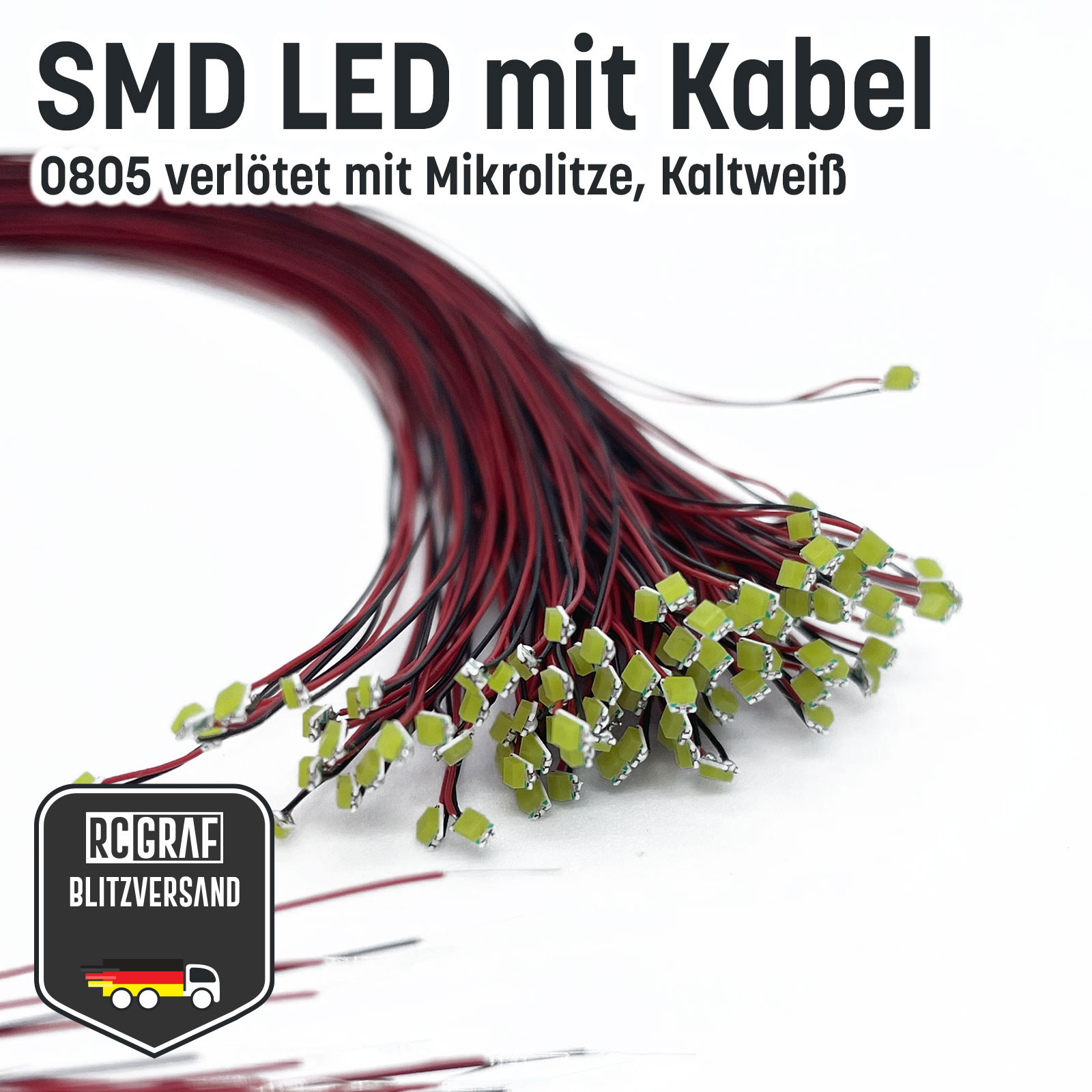 SMD LED 0402 0603 0805 1206 Microlitze 30cm verloetet - Kaltweiss , 0805 (2,00 x 1,25 x 1,10 mm) , 100 Stueck