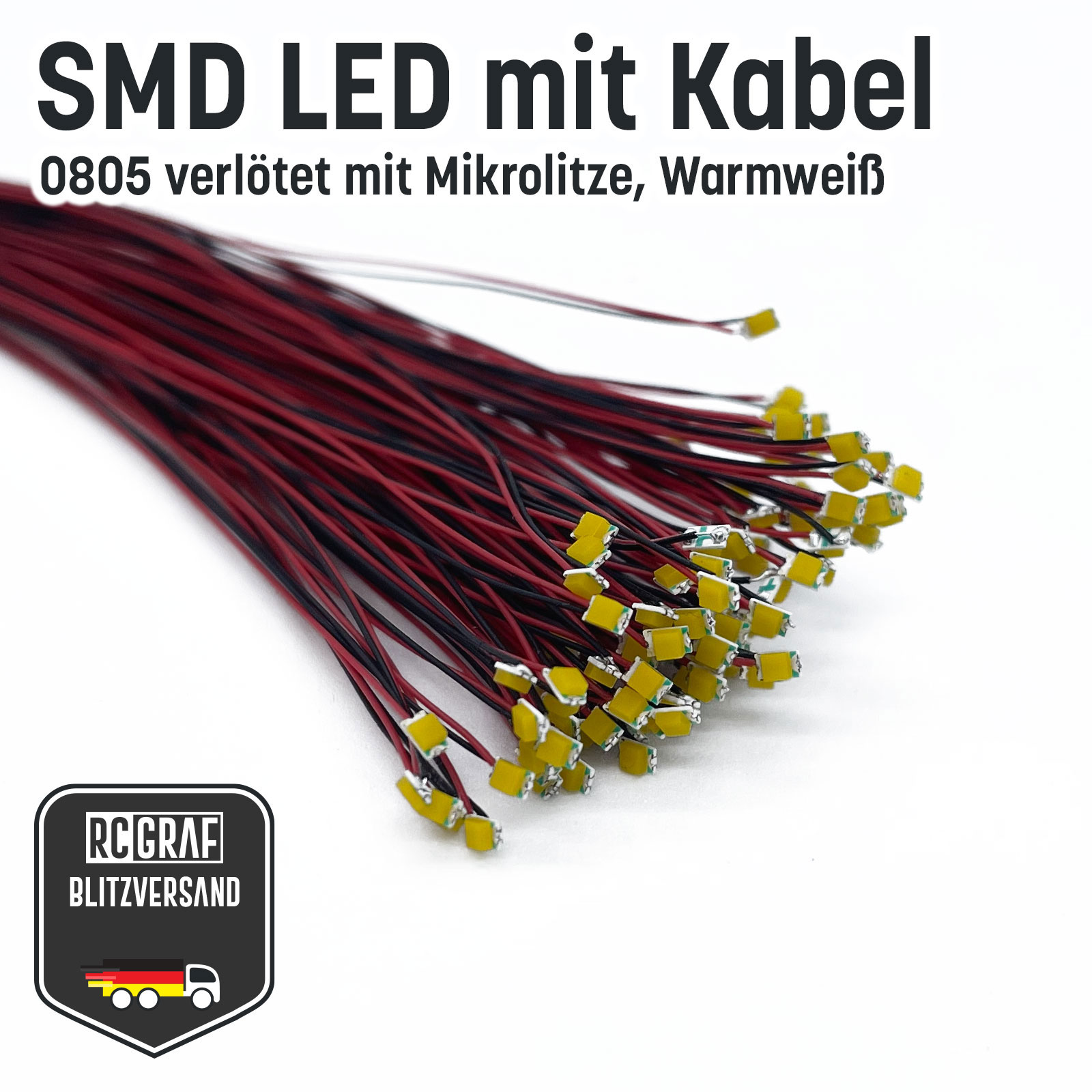 SMD LED 0402 0603 0805 1206 Microlitze 30cm verloetet - Warmweiss , 0805 (2,00 x 1,25 x 1,10 mm) , 100 Stueck
