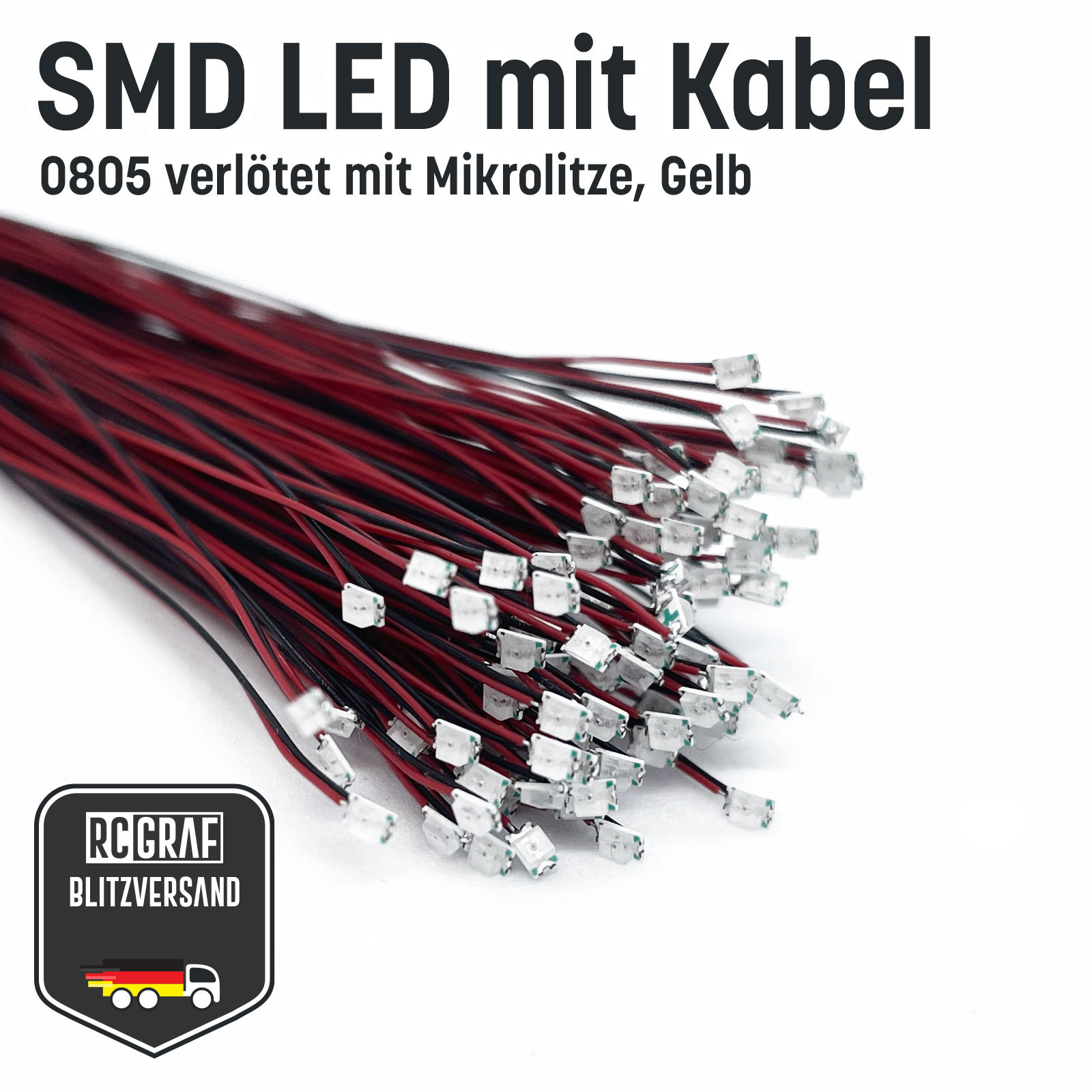 SMD LED 0402 0603 0805 1206 Microlitze 30cm verloetet - Gelb , 0805 (2,00 x 1,25 x 1,10 mm) , 30 Stueck