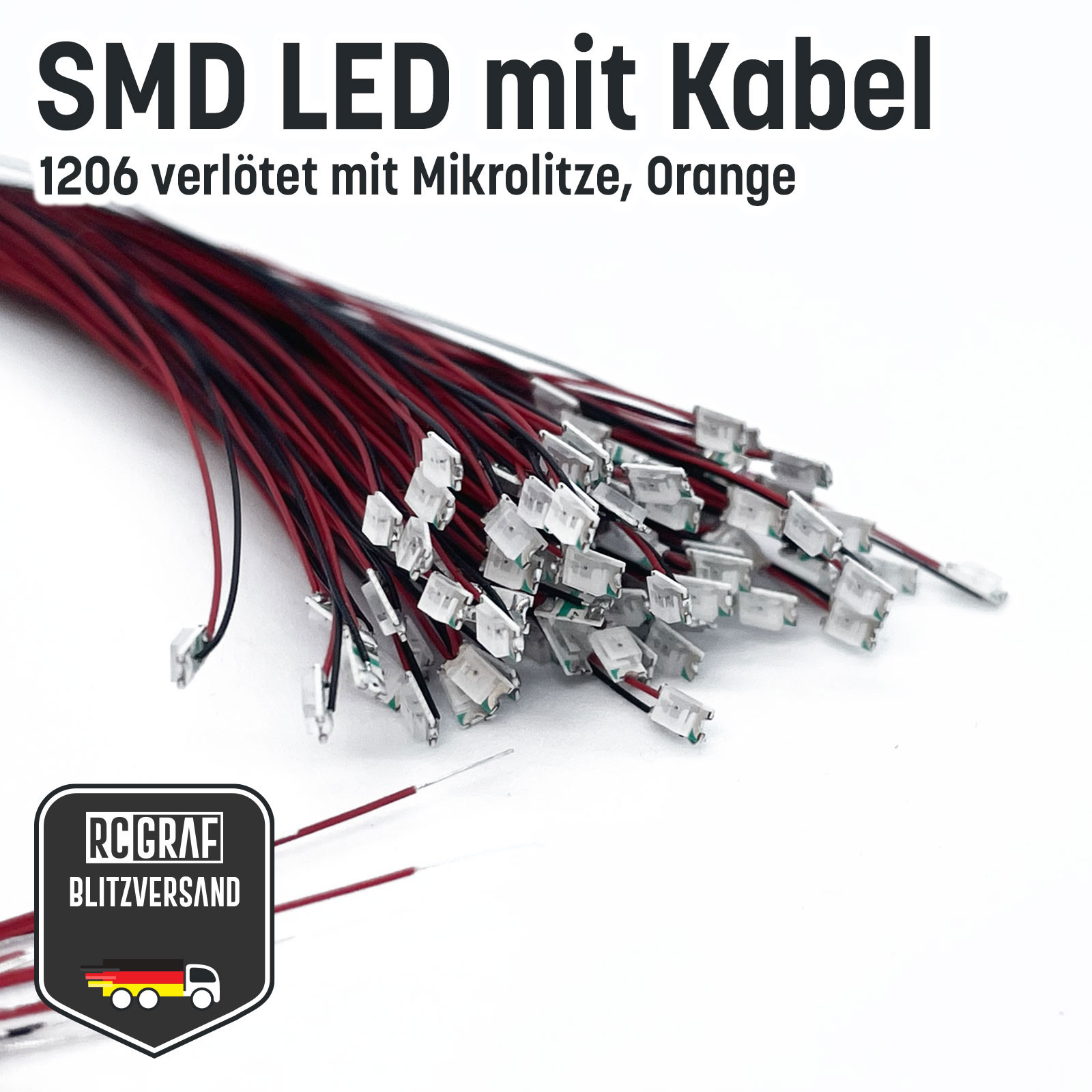 SMD LED 0402 0603 0805 1206 Microlitze 30cm verloetet - Orange , 1206 (3,20 x 1,60 x 1,10 mm) , 100 Stueck