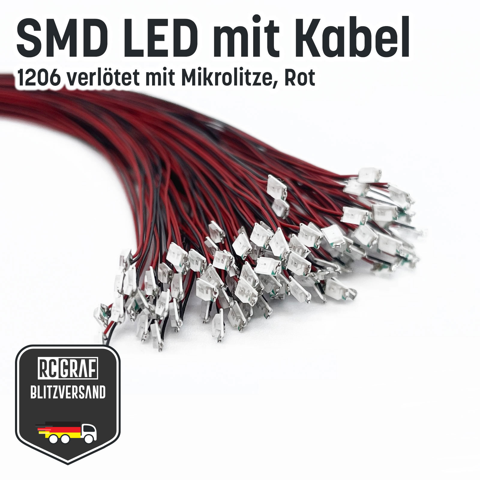 SMD LED 0402 0603 0805 1206 Microlitze 30cm verloetet - Rot , 1206 (3,20 x 1,60 x 1,10 mm) , 100 Stueck