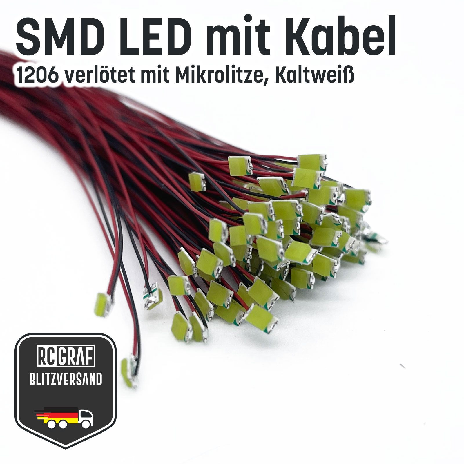 SMD LED 0402 0603 0805 1206 Microlitze 30cm verloetet - Kaltweiss , 1206 (3,20 x 1,60 x 1,10 mm) , 10 Stueck
