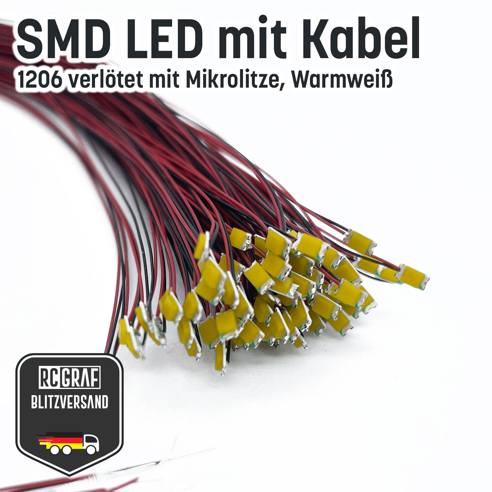 SMD LED 0402 0603 0805 1206 Microlitze 30cm verloetet - Warmweiss , 1206 (3,20 x 1,60 x 1,10 mm) , 20 Stueck