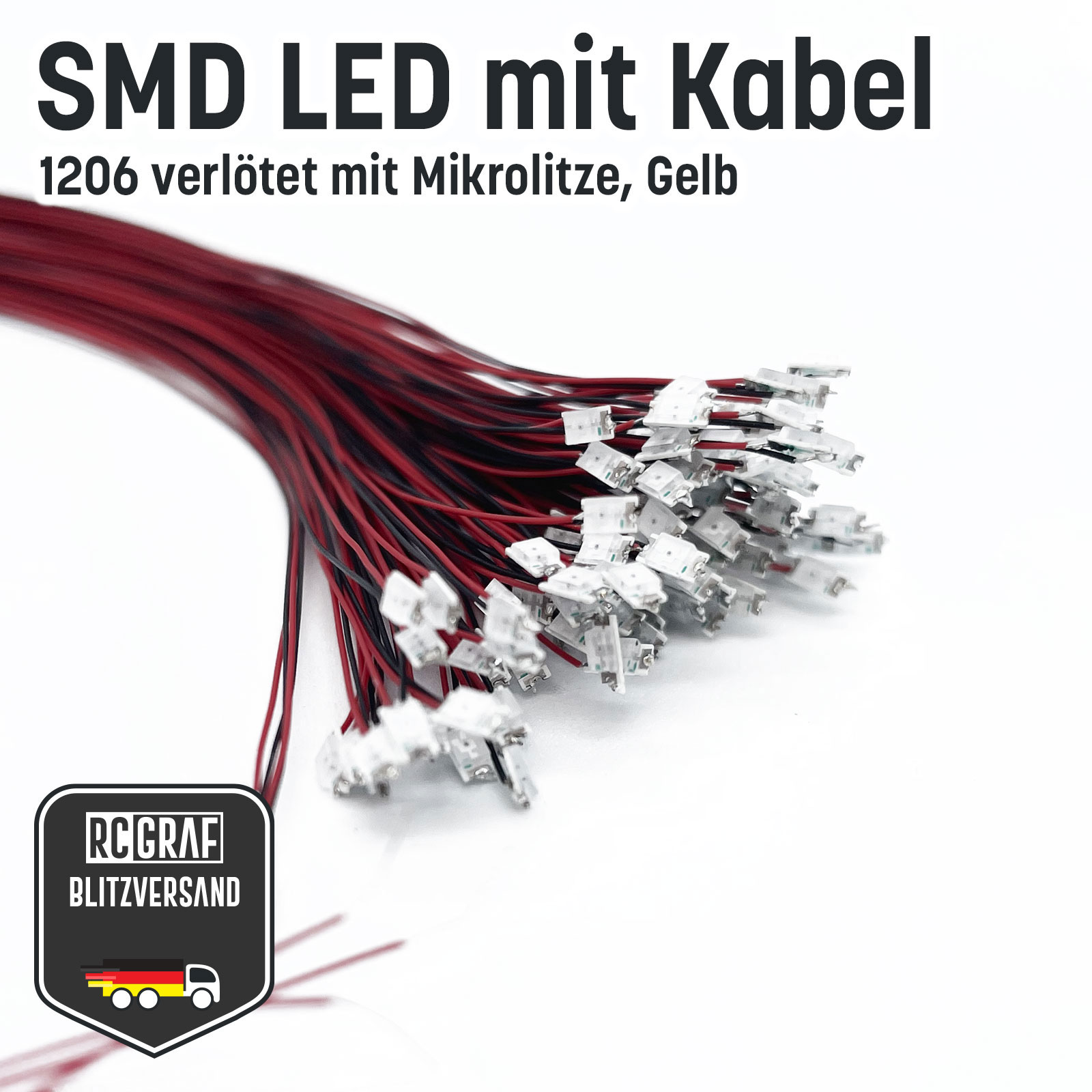 SMD LED 0402 0603 0805 1206 Microlitze 30cm verloetet - Gelb , 1206 (3,20 x 1,60 x 1,10 mm) , 50 Stueck